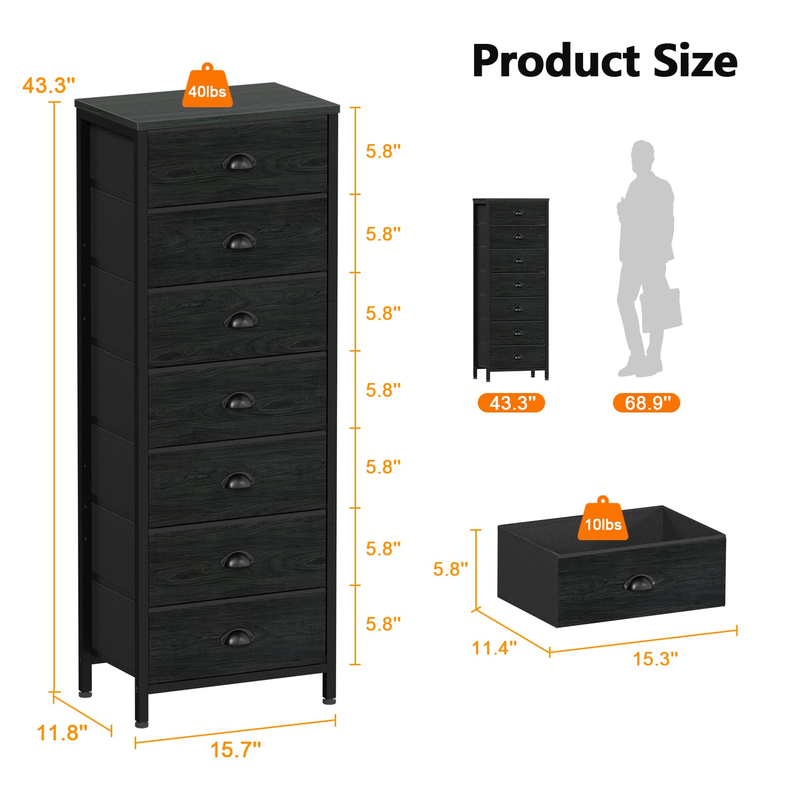 Furnulem Tall Dresser with 6 Drawers,Vertical Bedside End Table & Chest for Bedroom,Black Storage Tower Dorm Nightstand with Fabric Drawer Organizer Unit Furniture in Living Room,Closet,Hallyway