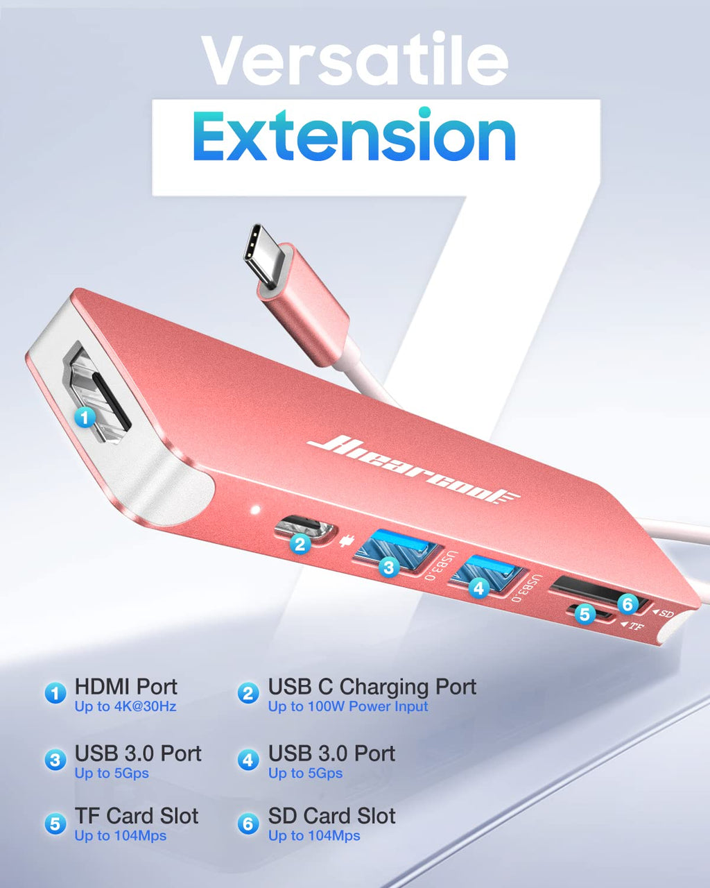 Hiearcool USB C Hub Multi-Port Adapter, 7-in-1 USB-C Dongle with 4K HDMI 100W PD SD/TF Card Reader, USBC Dock Compatible for MacBook Pro/Air Dell XPS Lenovo HP and Other Windows Laptops-Sliver White