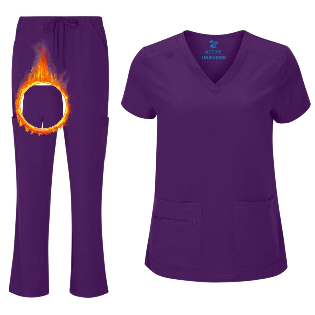 Women's Cool Stretch V-Neck Top and Cargo Pant Scrub Set with Regular and Petite Sizes
