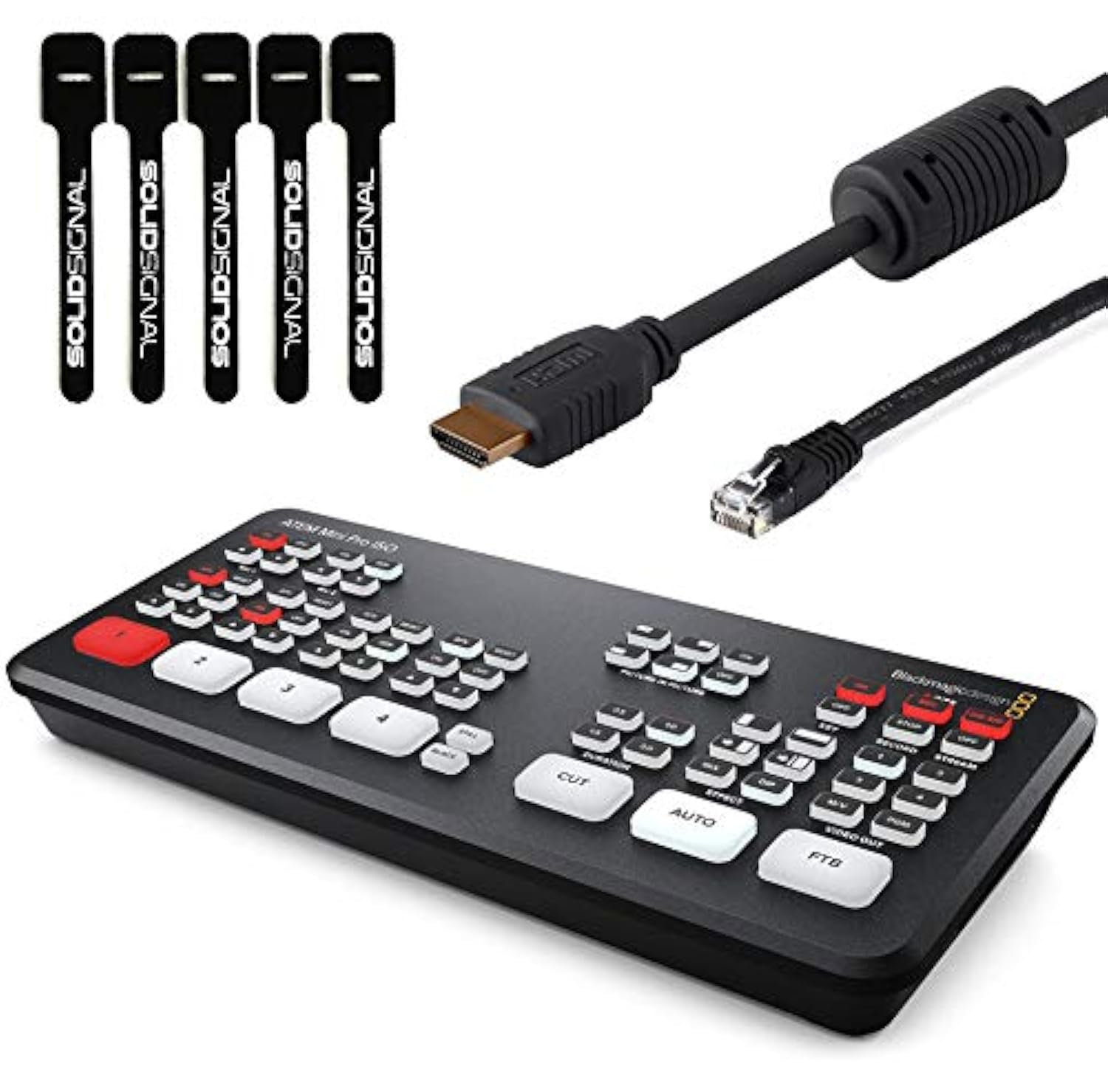 Blackmagic Design ATEM Mini Extreme HDMI Live Stream Switcher Bundle with 6’ HDMI Cable, 7’ Cat5e Cable, and 5-Pack of SolidSignal Cable Ties (SWATEMMINICEXT)