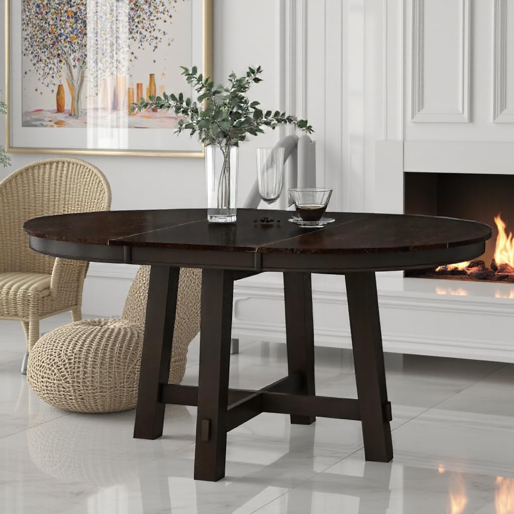 LUMISOL Round Dining Table for 4-6 People, 41"-57" Extendable Kitchen Table with 16" Removable Leaf for Small Places, Kitchen, Dining Room, Espresso