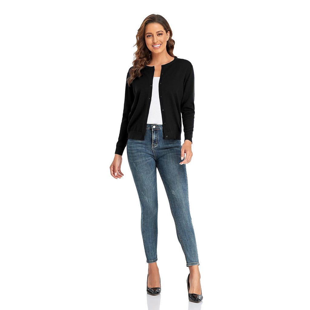 CUNYI Women's Crew Neck Cardigan Long Sleeve Sweater for Women Button Down Soft Knit Ladies Cardigan Sweates Coat
