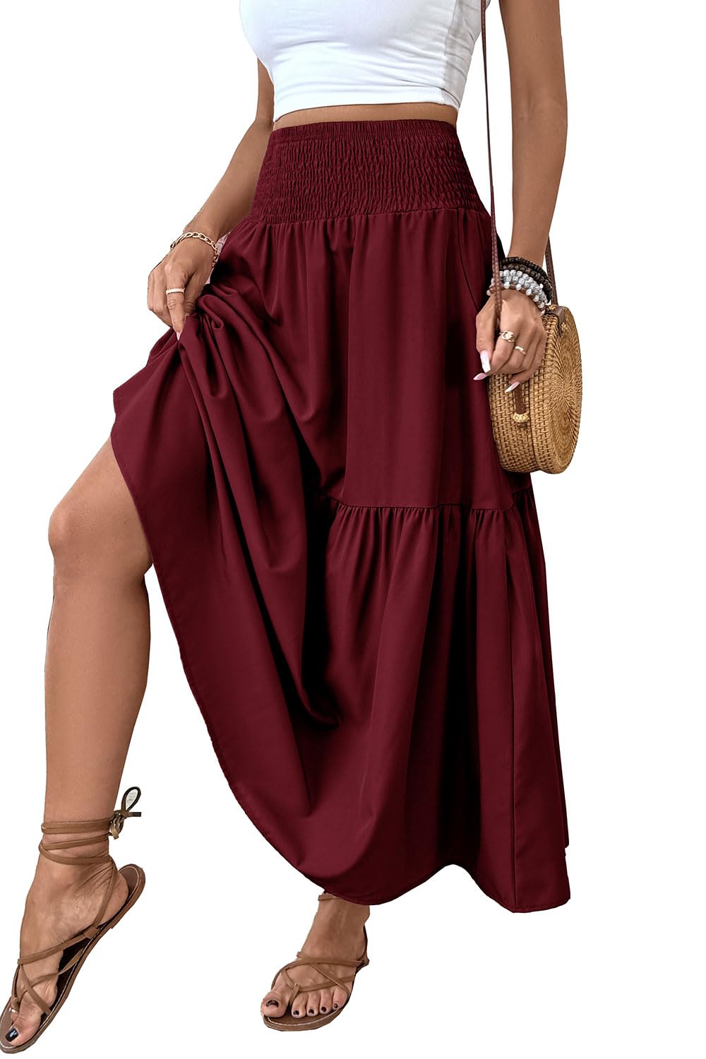 Women's Smocked High Waist Maxi Skirt Casual Boho Long Skirts with Pockets