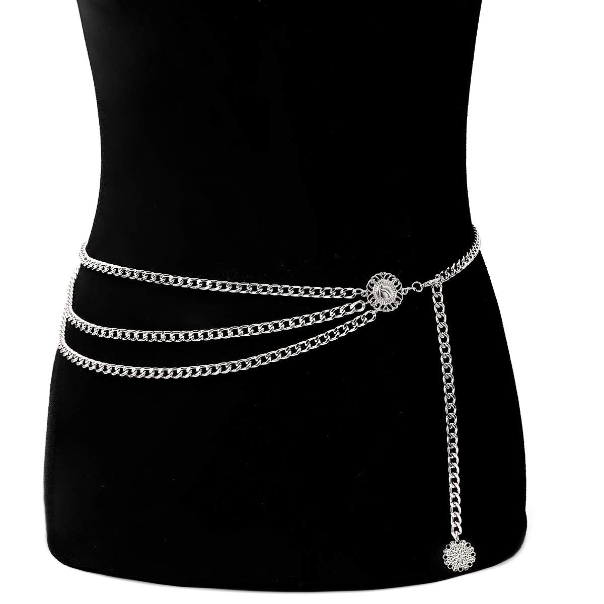 Glamorstar Multilayer Metal Waist Chain Dress Belts Metal Belt for Women