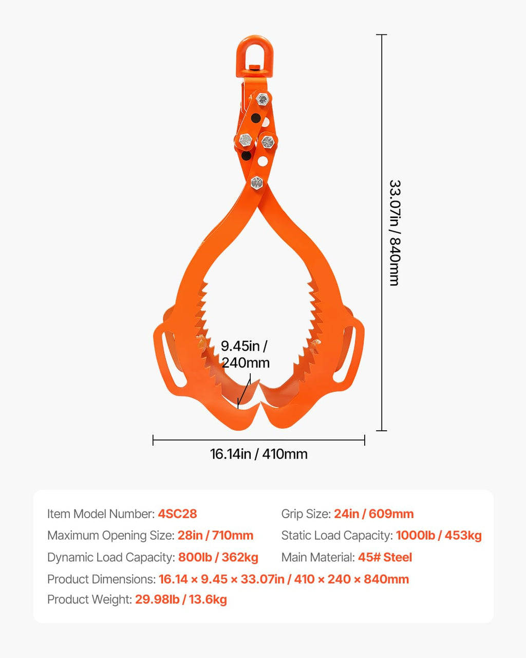 VEVOR Log Lifting Tongs 28in, 2 Serrated Claw Hook Log Tongs, Heavy Duty Steel Swivel Dragging Tongs, 1100LBS Log Grapple with Handles, Lumber Log Skidding Tongs for Tractors, Trucks, Forklifts, ATVs