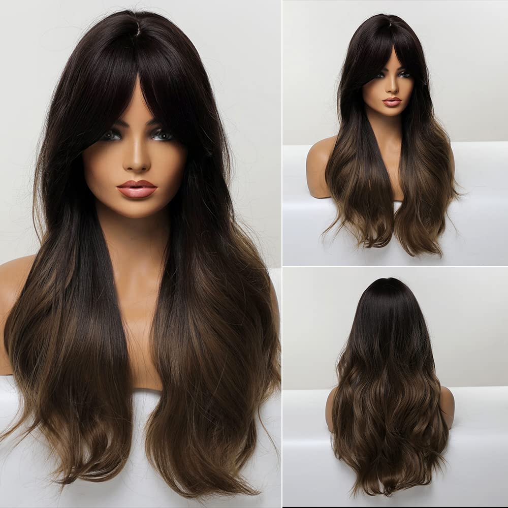 HAIRCUBE Auburn Wigs for Women,Long Layered Orange Wigs with Bangs Heat Resistant Synthetic Fibre Wigs(pelucas de cabello natural)