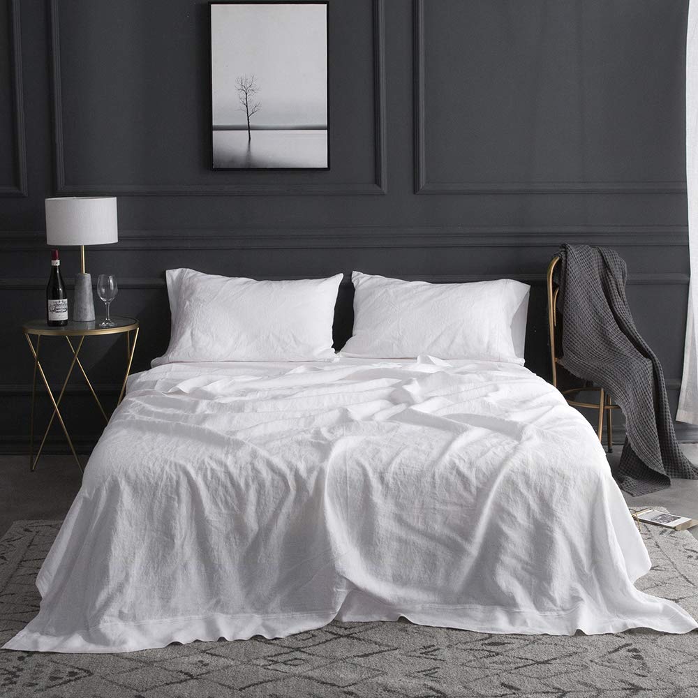 Simple&Opulence 100% Pure Linen Sheet Set Twin Size, Natural French Flax Solid Color 3 Pcs Washed Breathable, Farmhouse Bedding (1 Flat Sheet,1 Fitted Sheet,1 Pillowcase)-Embroidery Dark Grey
