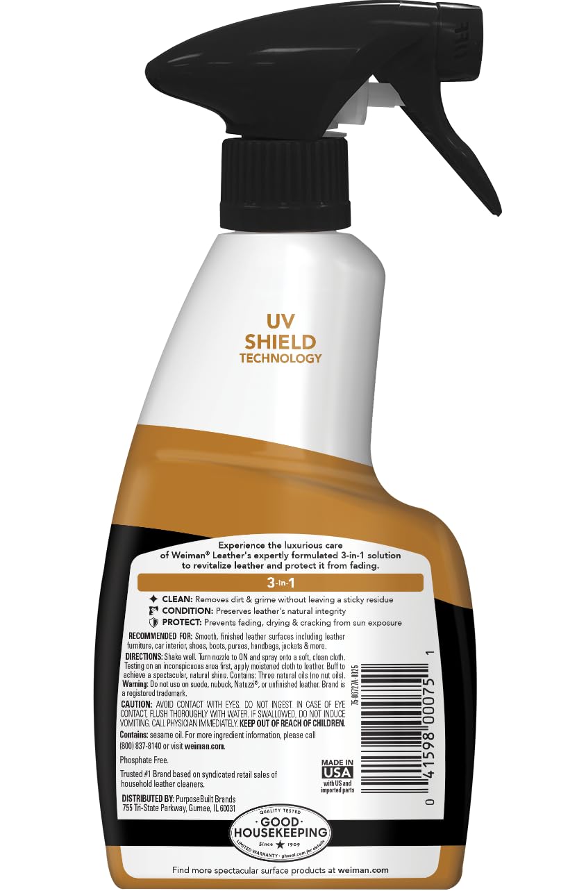 Weiman Leather Cleaner and Conditioner for Furniture - 12 Ounce - 2 Pack - Ultra Violet Protection Help Prevent Cracking or Fading of Leather Couches, Car Seats, Shoes, Purses