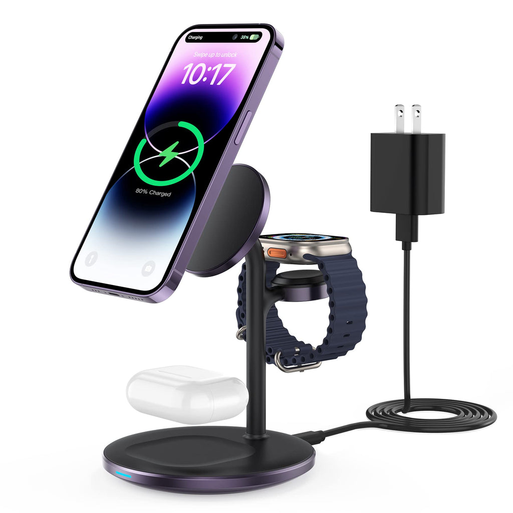 XooFly 3 in 1 Wireless Charging Station for Apple Devices, Fast Wireless Mag-Safe Charger Stand with 20W Adapter for iPhone 17/16 15 14 13 12 Pro Max/Pro/Plus/Air/Mini, iWatch, AirPods (Black)