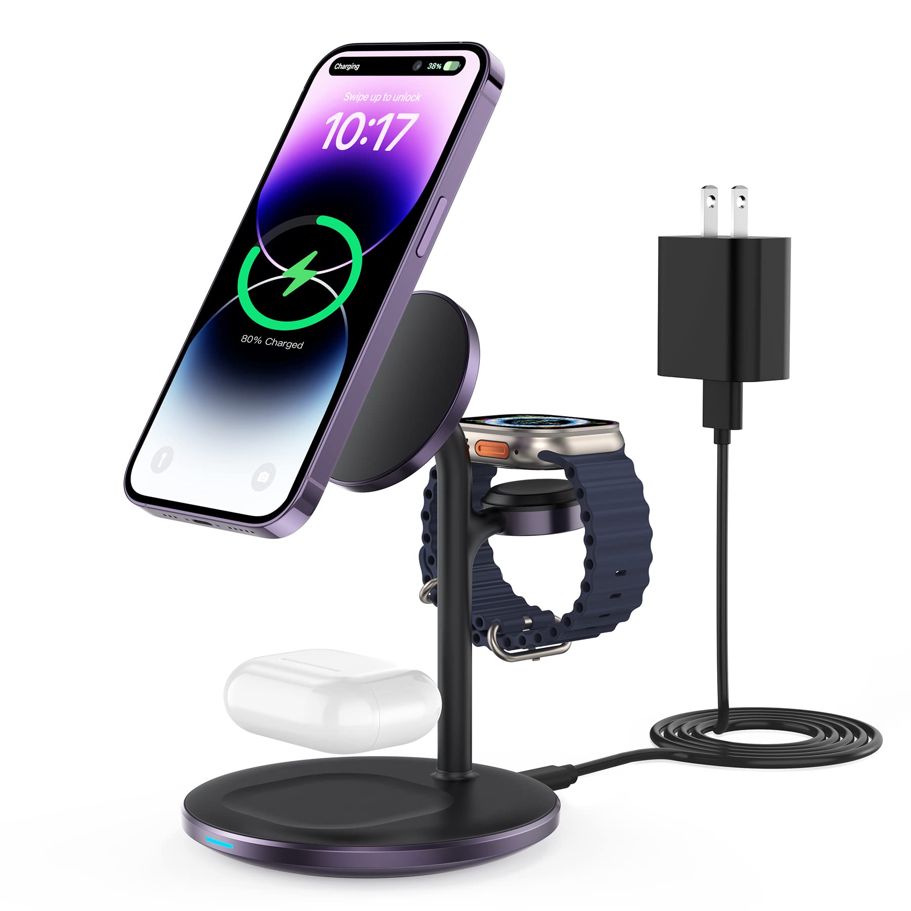 XooFly 3 in 1 Wireless Charging Station for Apple Devices, Fast Wireless Mag-Safe Charger Stand with 20W Adapter for iPhone 17/16 15 14 13 12 Pro Max/Pro/Plus/Air/Mini, iWatch, AirPods (Black)