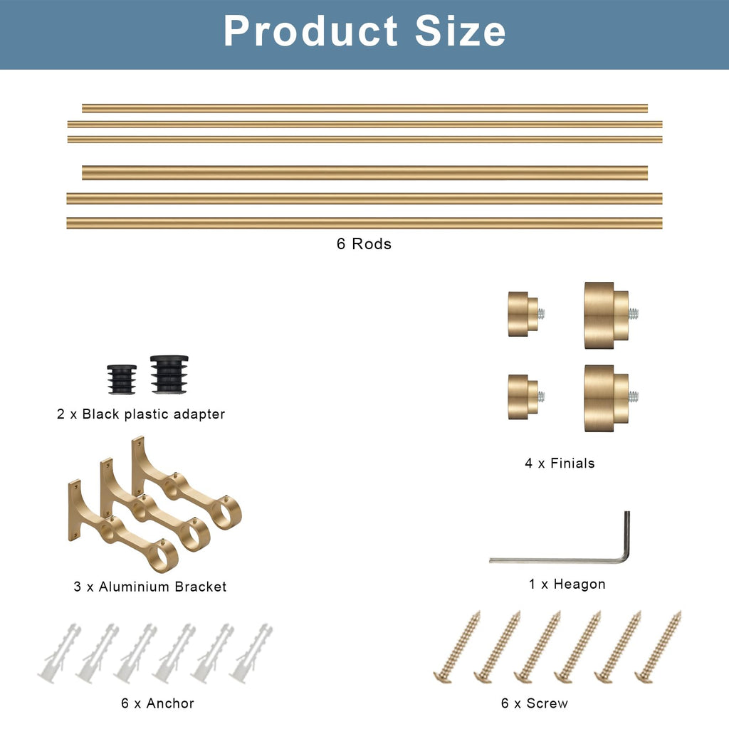 Heavy Duty Double Curtain Rods with Cylindrical Cap Finials - 36 to 72' Telescoping Rods, 1 Inch and 5/8 Inch Diameter, Light Gold