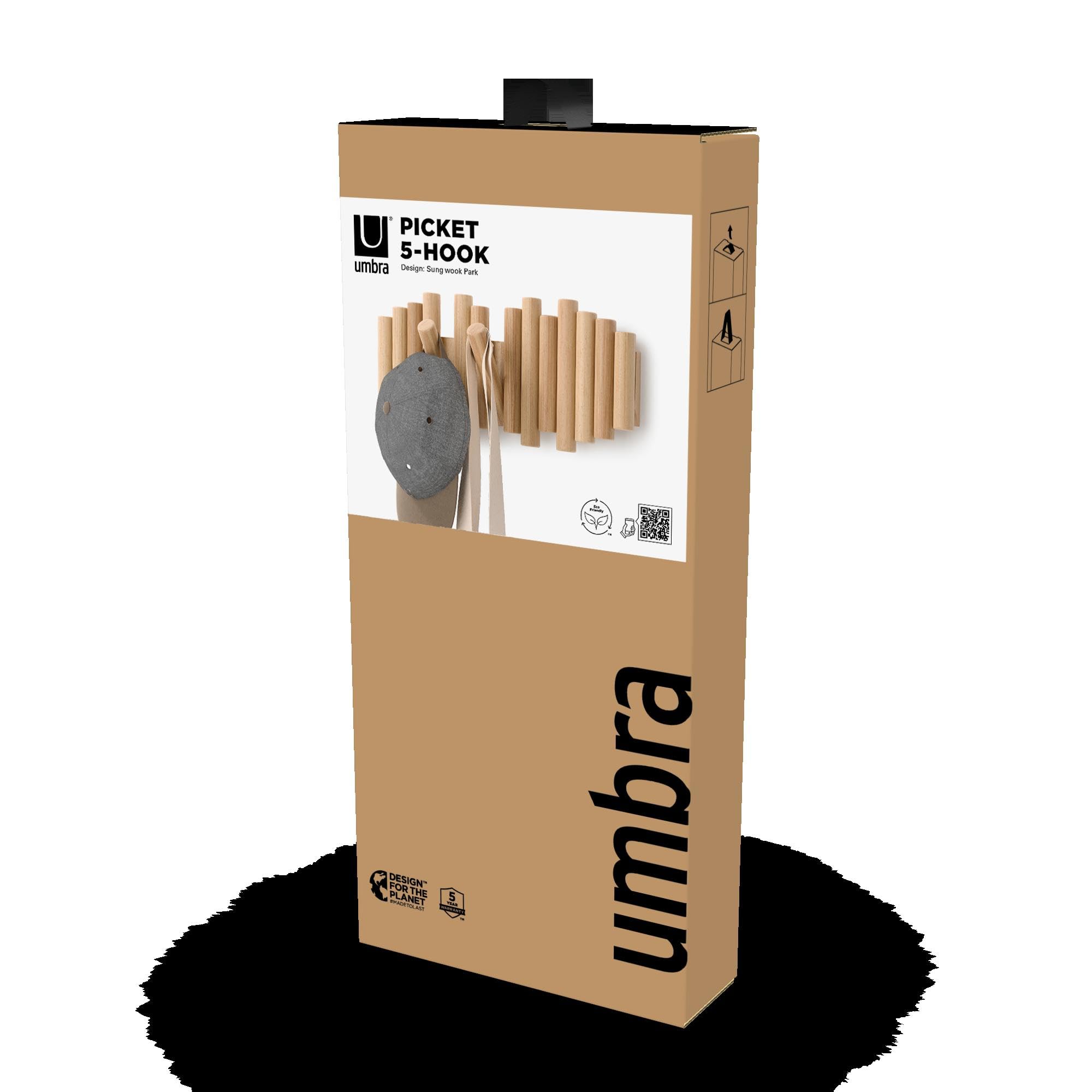 Umbra Picket Wall-Mounted Coat Rack Rail Hook with 5 Retractable Wood Pegs – Modern, Space-Saving Storage Organizer, Black