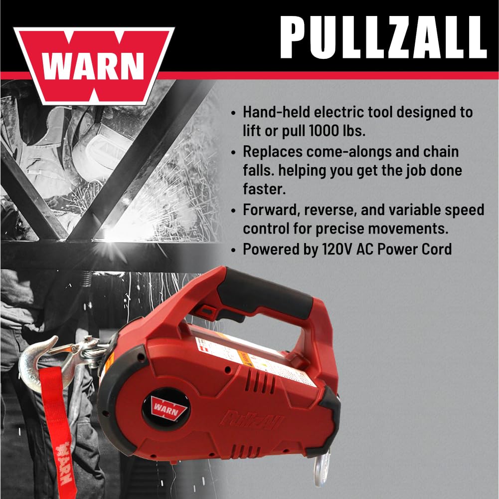WARN 885000 PullzAll Corded 120V AC Portable Electric Winch with Steel Cable: 1/2 Ton (1,000 lb) Pulling Capacity, Variable Speed Trigger, Red