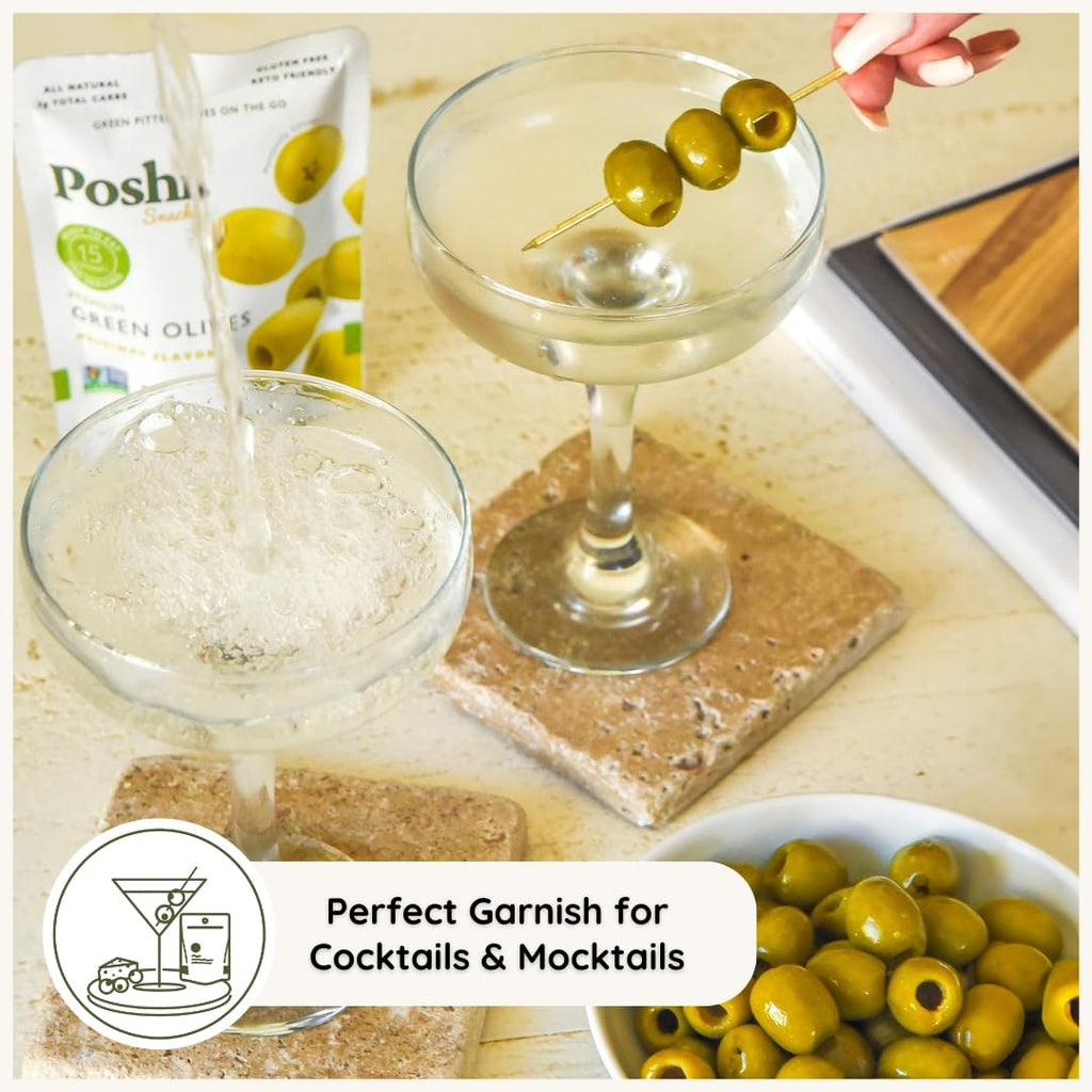 POSHI Green Pitted Olives - Basil & Garlic | Vegan, Kosher, Gluten Free + Keto Friendly, Fresh, Low Calorie Healthy Snacks | (30 Pack, 1.1oz Bags)