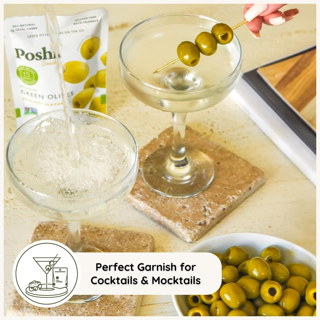 POSHI Green Pitted Olives - Basil & Garlic | Vegan, Kosher, Gluten Free + Keto Friendly, Fresh, Low Calorie Healthy Snacks | (30 Pack, 1.1oz Bags)