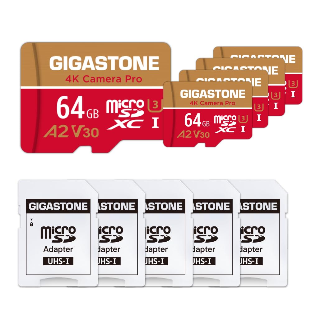【5-Years Data Recovery】 GIGASTONE 64GB Micro SD Card 5-Pack, 4K Camera Pro, A2 V30 Compatible with Gopro, Dash Cam, DJI, Drone, Security Camera, Speed Up to 95MB/s, UHS-I U3 C10, with Adapter