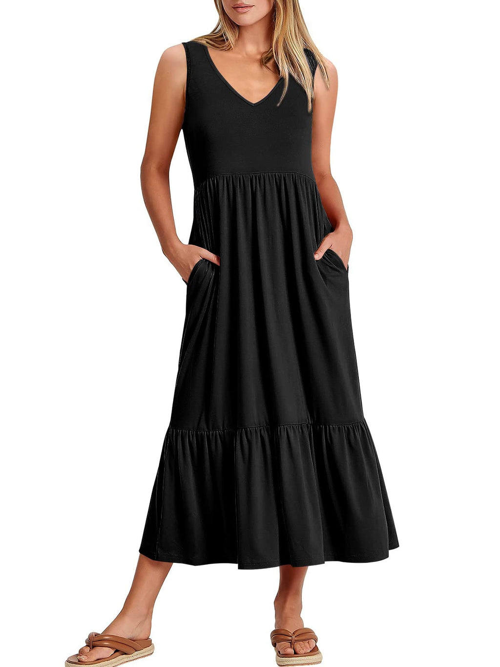 ANRABESS Women Summer Maxi Dresses A-line Tiered Flowy V Neck Sleeveless Swing 2026 Casual Beach Travel Sundress with Pockets