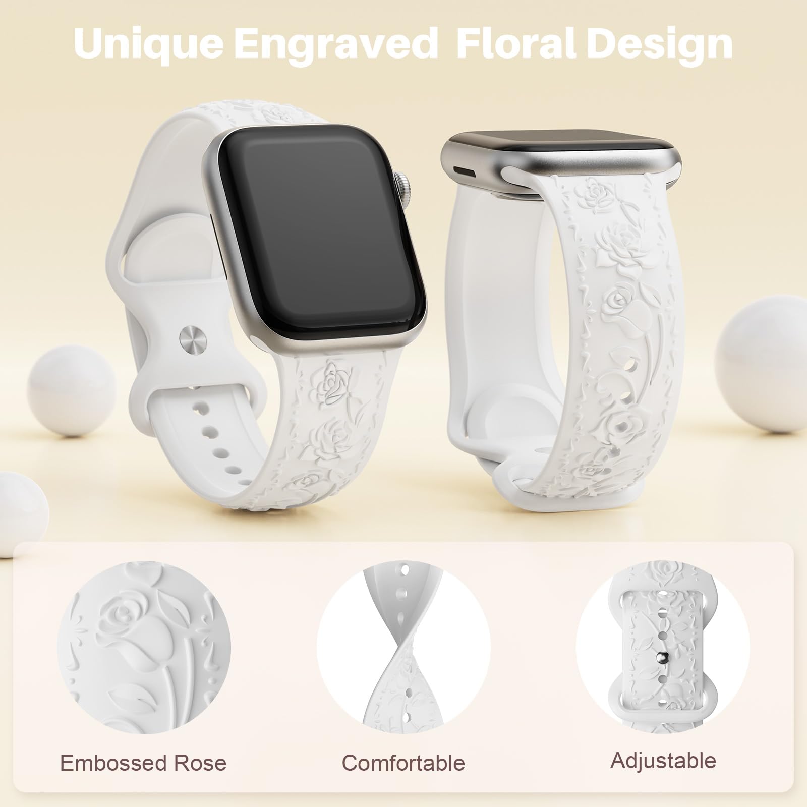 Floral Engraved Band Compatible with Apple Watch Band 40mm 41mm 38mm 42mm 44mm 45mm 46mm 49mm Women, Soft Silicone Cute Embossed Flower Strap for iWatch Band Series SE Ultra 11 10 9 8 7 6 5 4 3 2 1