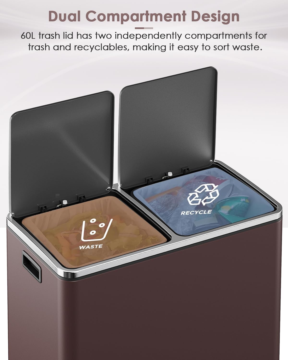 60L(16 Gal) Dual Trash Can, Stainless Steel Kitchen Garbage Can, Double Compartment Classified Rubbish Bin, Recycle Dustbin w/Plastic Inner Buckets, Soft-Close Lid, Airtight, Black