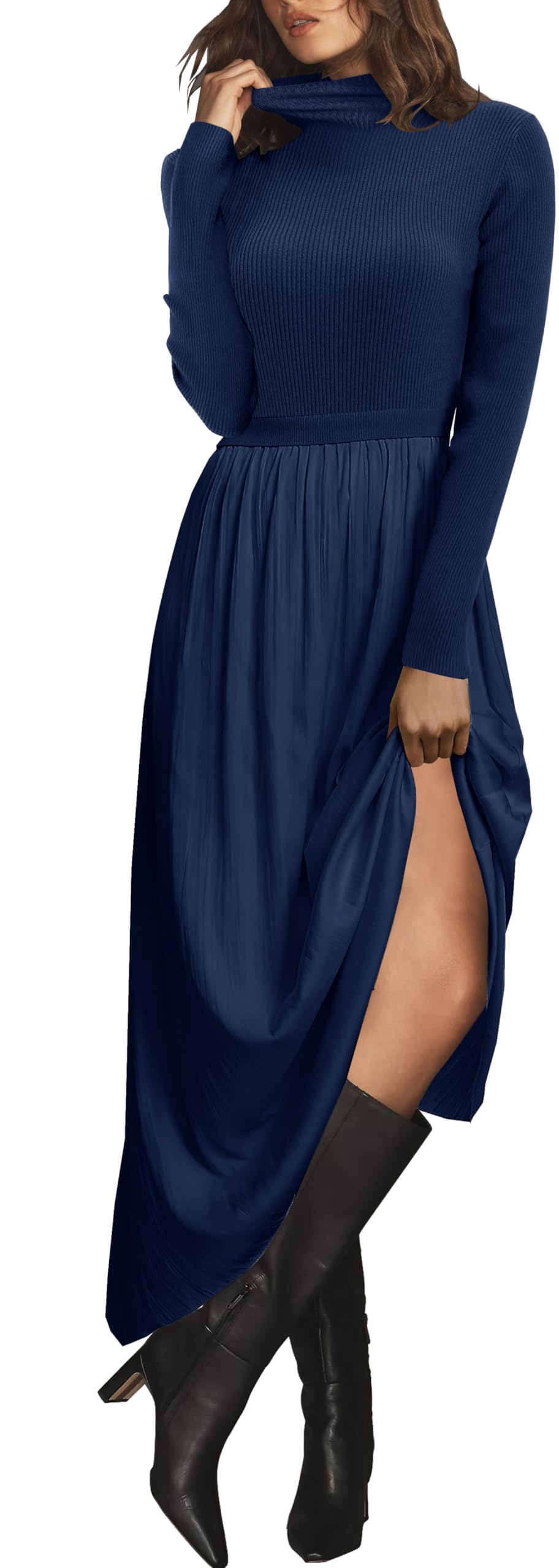 Womens Fall Mock Turtleneck Long Sleeve Ribbed Knit Pullover Tops Fashion Long Maxi Dress