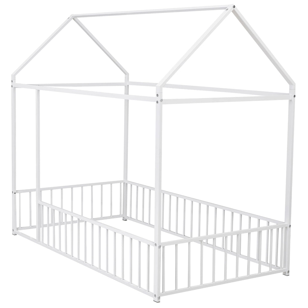 Bellemave Twin Size Montessori Floor Bed, Metal House Bed Framefor Kids, Montessori Floor Beds with Fence, Playhouse for Kids,Black