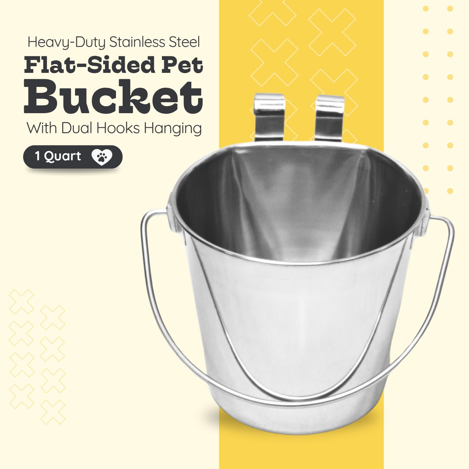 1 quart Stainless Steel Flat Sided Bucket with Dual Hooks | 0.25 gal Durable Food & Water Bowl for Dog Cat Bird & Small Animals | Fits kennel Cage Critter Crate | Hanging Utility Pet Pail