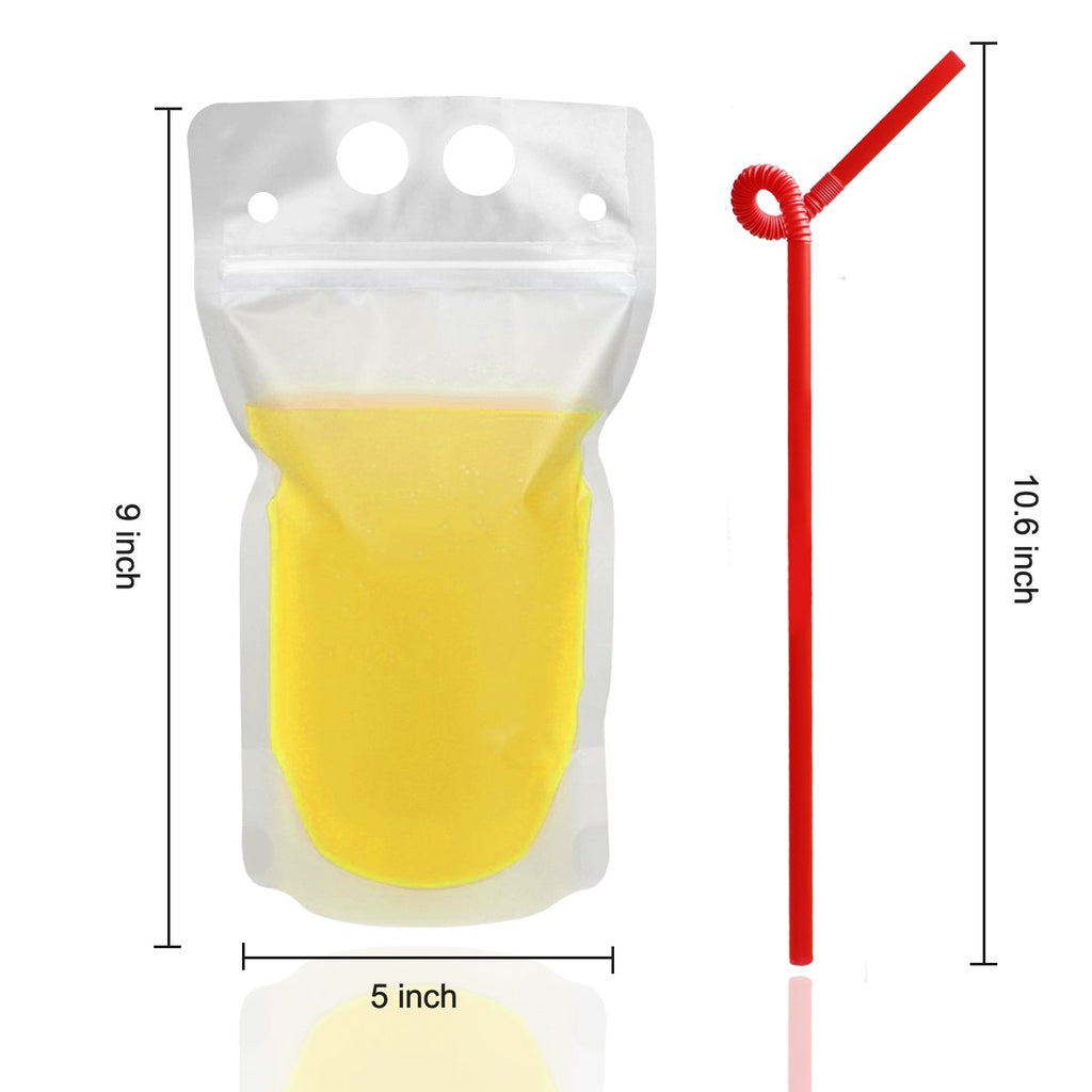 100 Pcs Drink Pouches with 100 Straw Holes, Freezable Juice Pouches, Translucent Reclosable Zipper Plastic Pouche Drink Bags for Cold & Hot Drinks for Adults and Kids World Cup Party