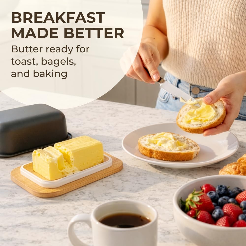 White Butter Dish with Lid for Countertop & Refrigerator - Unbreakable Metal Butter Keeper, Large Butter Container for Fridge, Butter Holder, Butter Tray, Butter Storage for Counter, Mantequillera