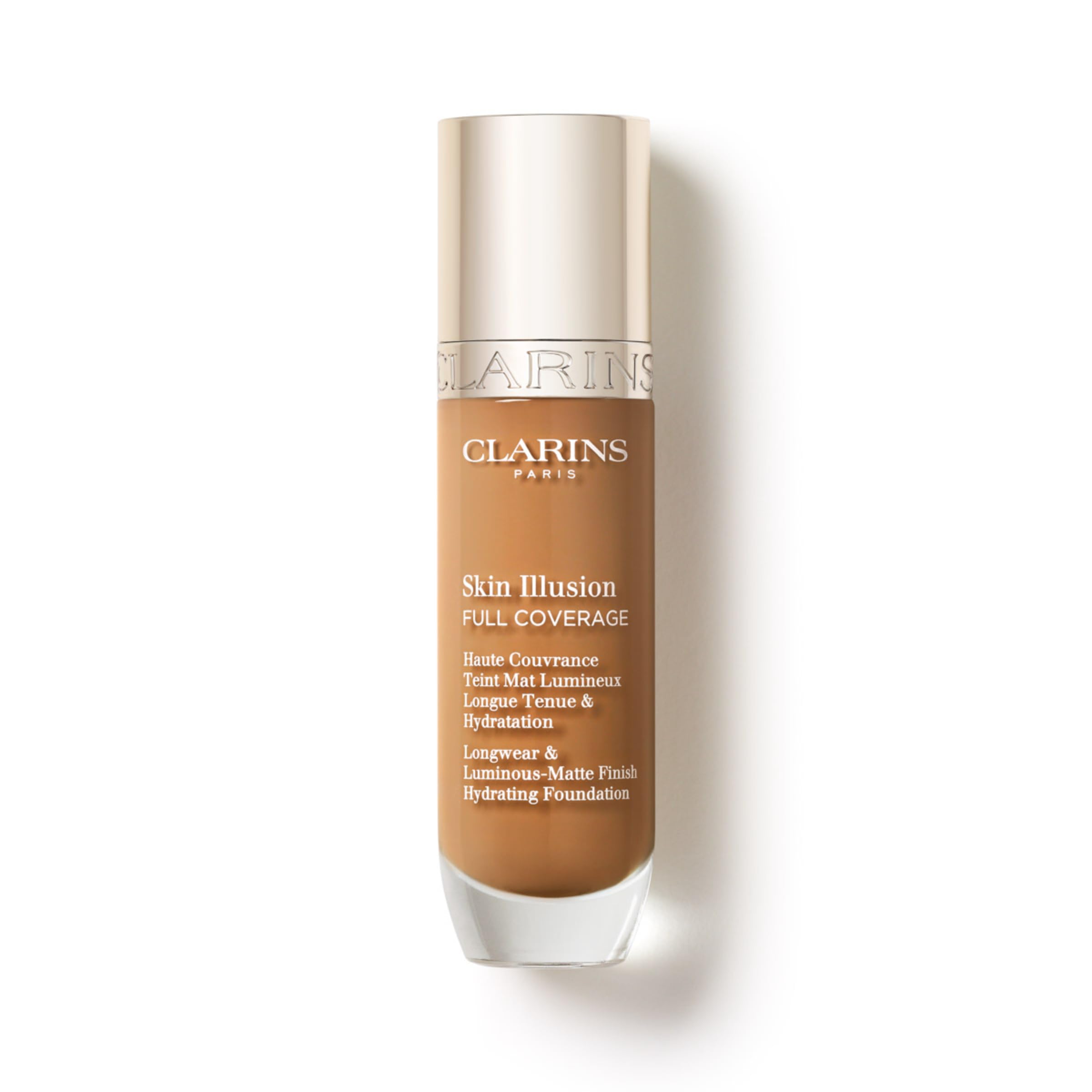 Clarins Skin Illusion Longwear Full Coverage Foundation|Luminous Matte Finish|24H Hold and 24H Hydration|Natural Looking|Transfer, Sweat and Smudge Proof| Contains Hyaluronic Acid|1 Fl Oz