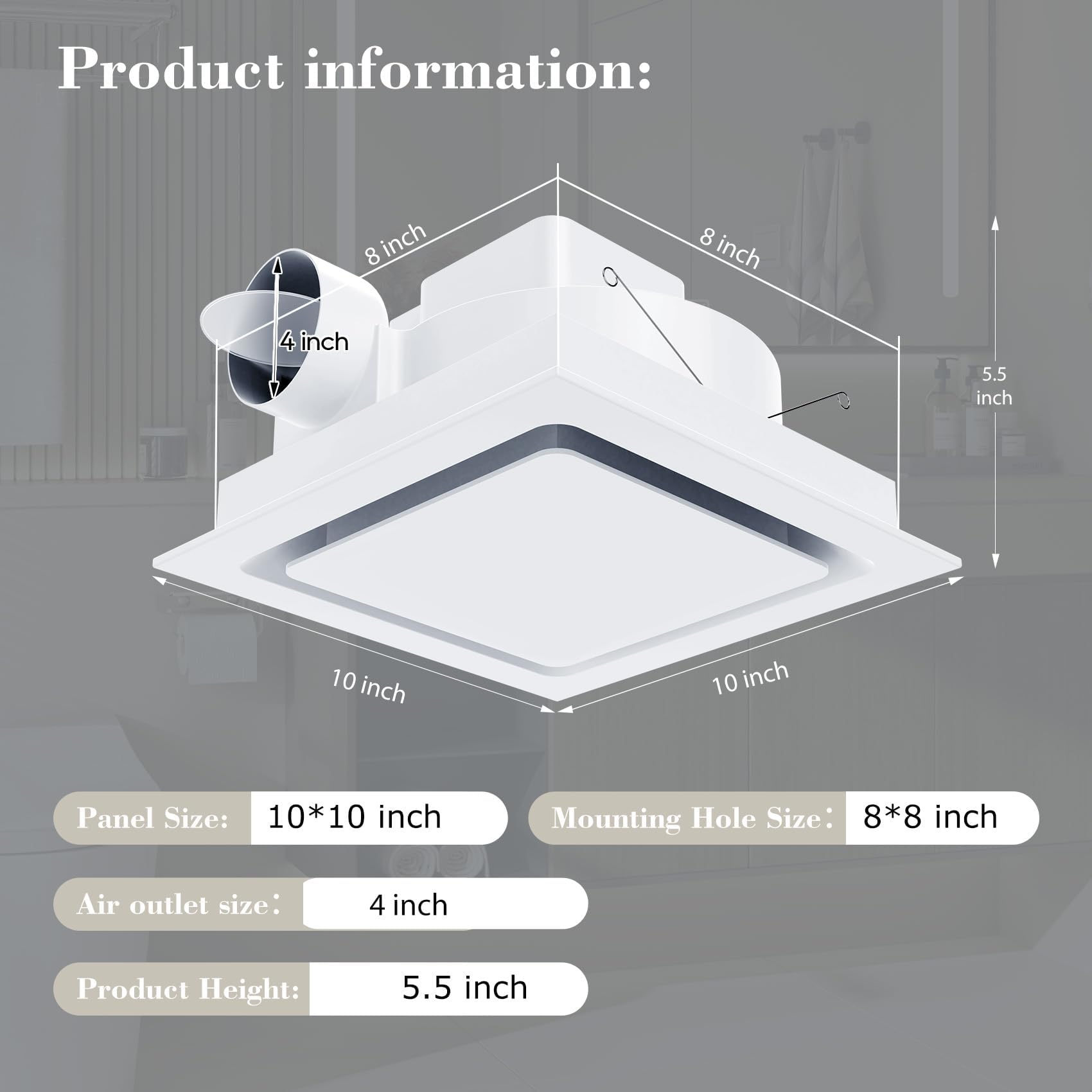 Orsong Bathroom Exhaust Fan 10" Panel Ultra Quiet without Light(8x8 Mount), 110CFM, 4" Duct for Bathroom/Garage/Home