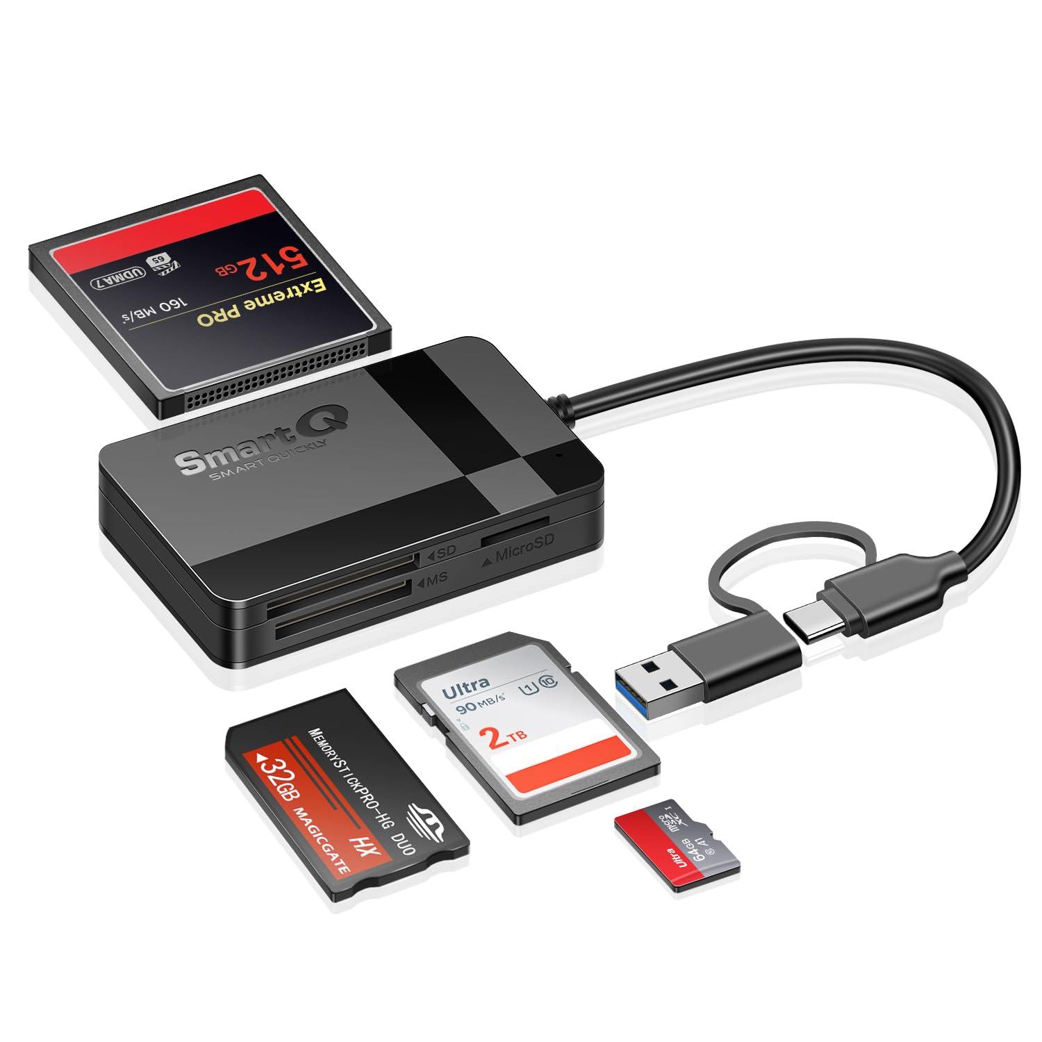 SmartQ C368 USB 3.0 Card Reader - Plug & Play, Compatible with Apple & Windows, Supports SD, Micro SD, MS, CF Cards