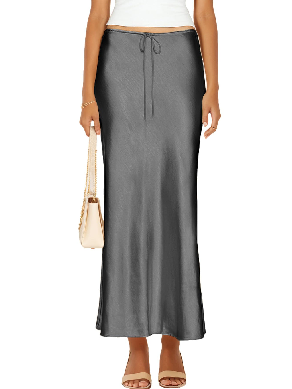 Womens Satin Silk Maxi Skirts Drawstring Flared Casual A-Line Long Skirt for Women