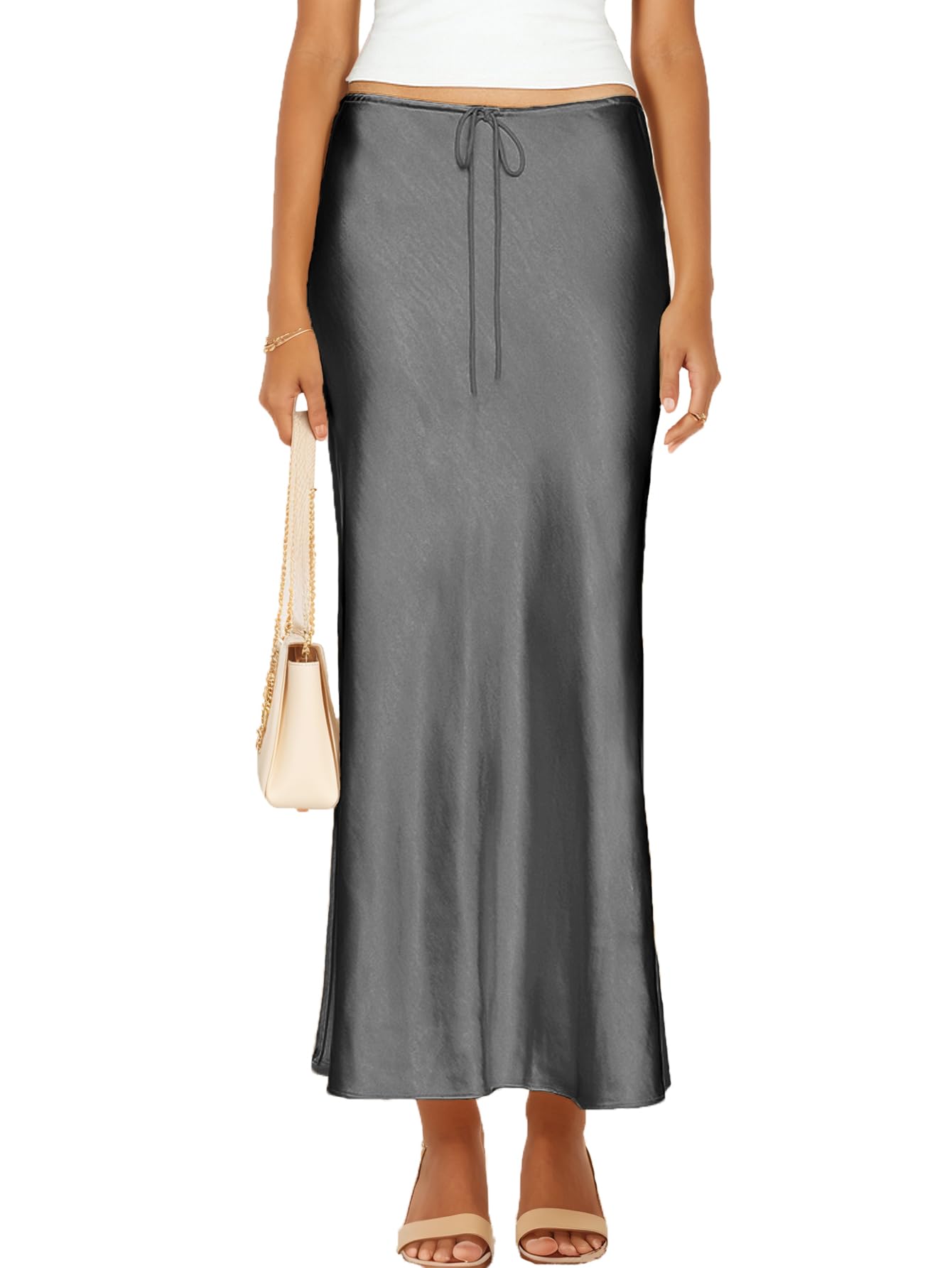 Womens Satin Silk Maxi Skirts Drawstring Flared Casual A-Line Long Skirt for Women
