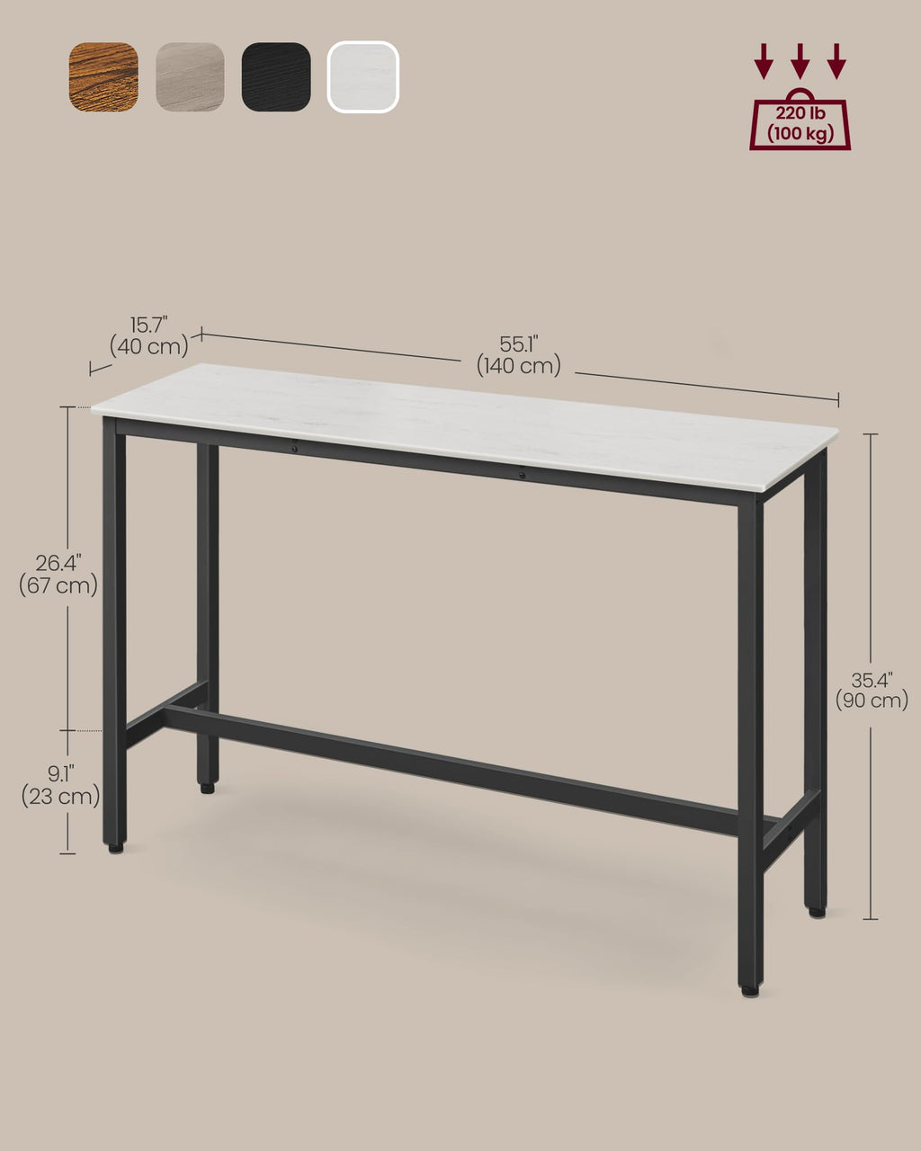 VASAGLE Bar Table, Kitchen Dining Table, High Top Pub Table, Bar Height Cocktail Table for Living Room Party, Sturdy Metal, 15.7 x 39.4 x 35.4 Inches for Narrow Spaces, Ebony Black and Ink Black