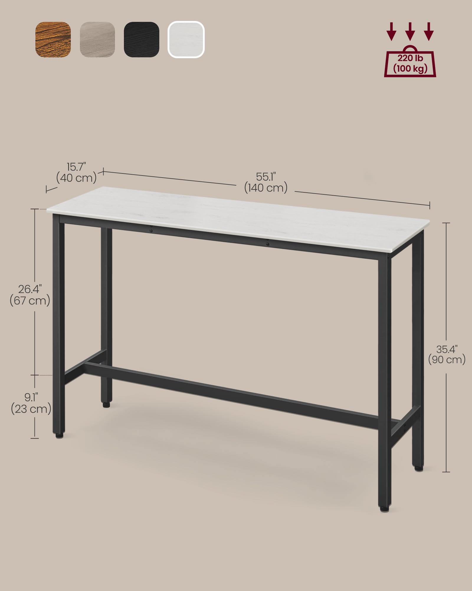 VASAGLE Bar Table, Kitchen Dining Table, High Top Pub Table, Bar Height Cocktail Table for Living Room Party, Sturdy Metal, 15.7 x 39.4 x 35.4 Inches for Narrow Spaces, Ebony Black and Ink Black