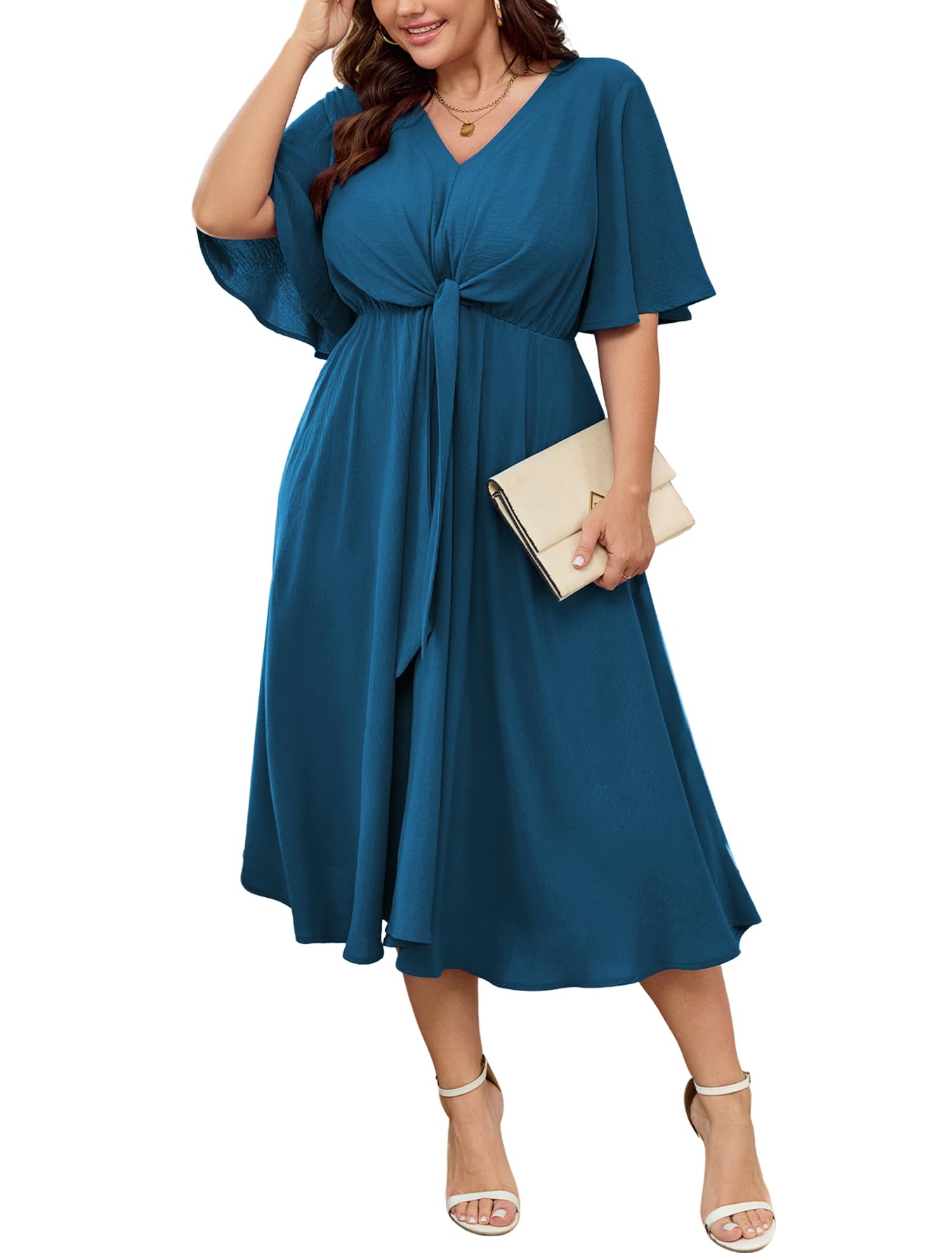 SCOMCHIC Women Plus Size Midi Dresses Wedding Guest Short Sleeve V Neck Tie Waist Casual Summer Flowy A Line Dress