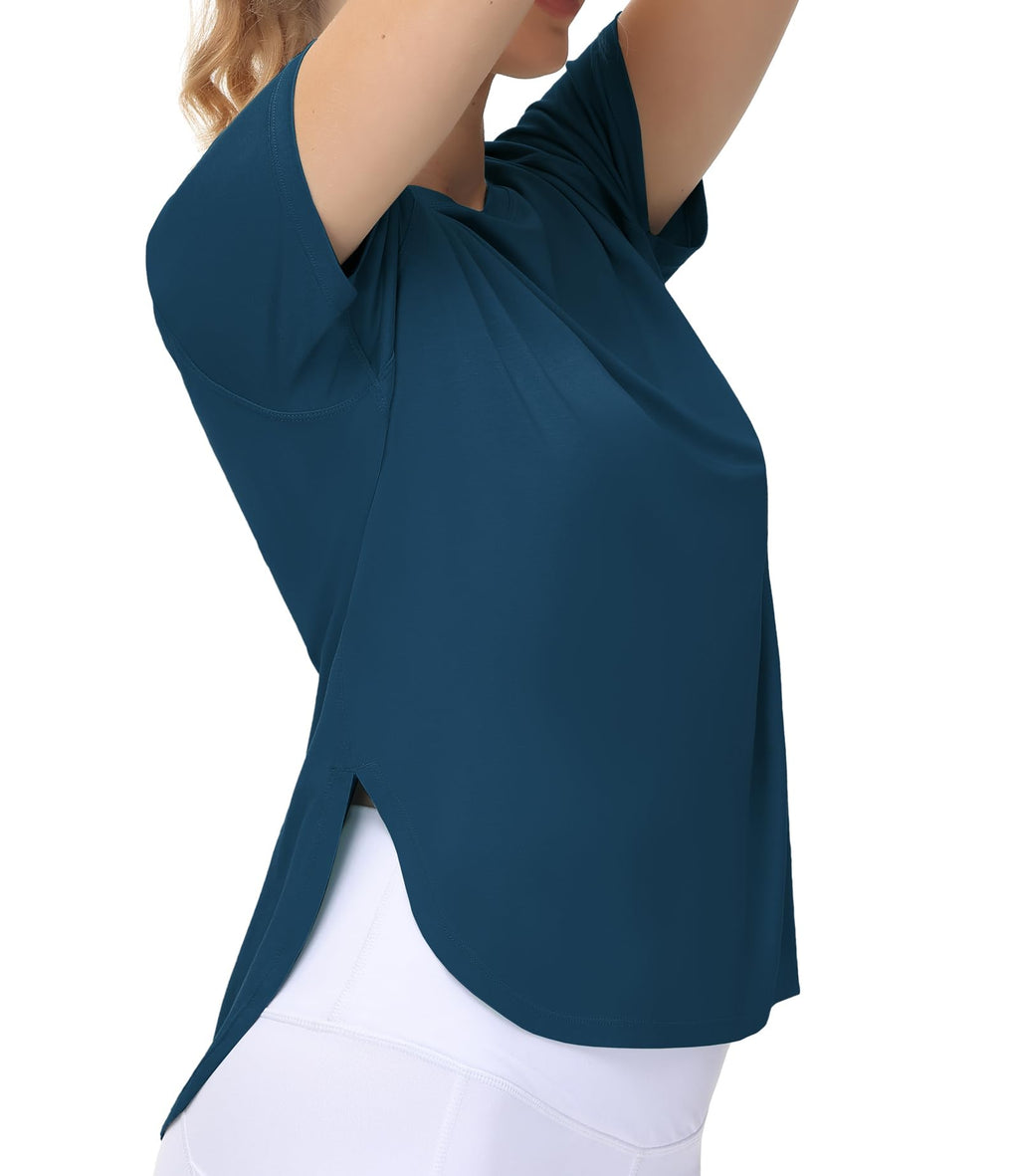 THE GYM PEOPLE Women's Workout T-Shirts Loose Fit Short Sleeve Cotton Running Basic Tee Tops with Split Hem