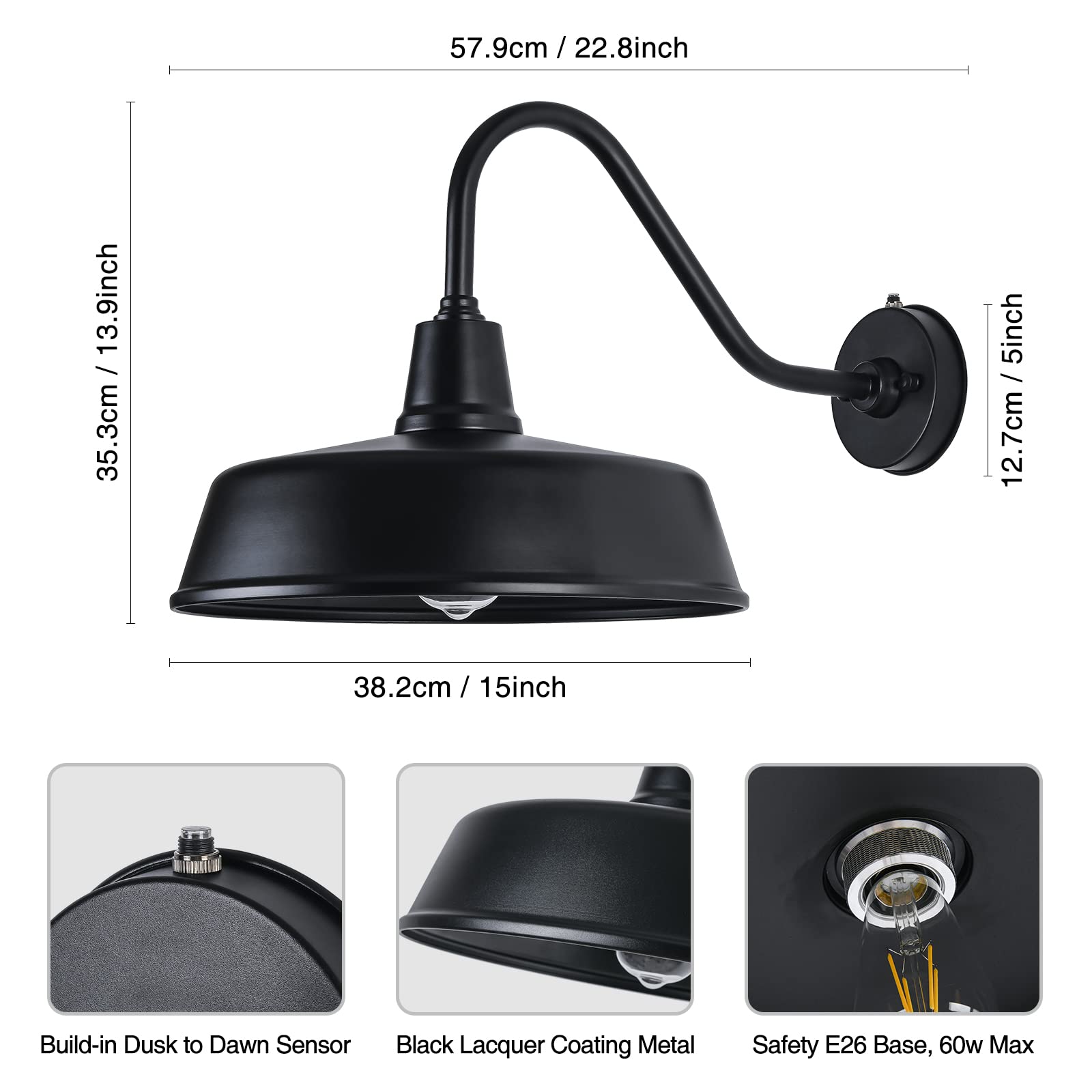 Barn Lights Outdoor Gooseneck Lighting, Dusk to Dawn Black Exterior Barn Lights for House, Farmhouse Wall Lighting Fixtures with Sensor for Porch Garage (1, 11" Diameter)