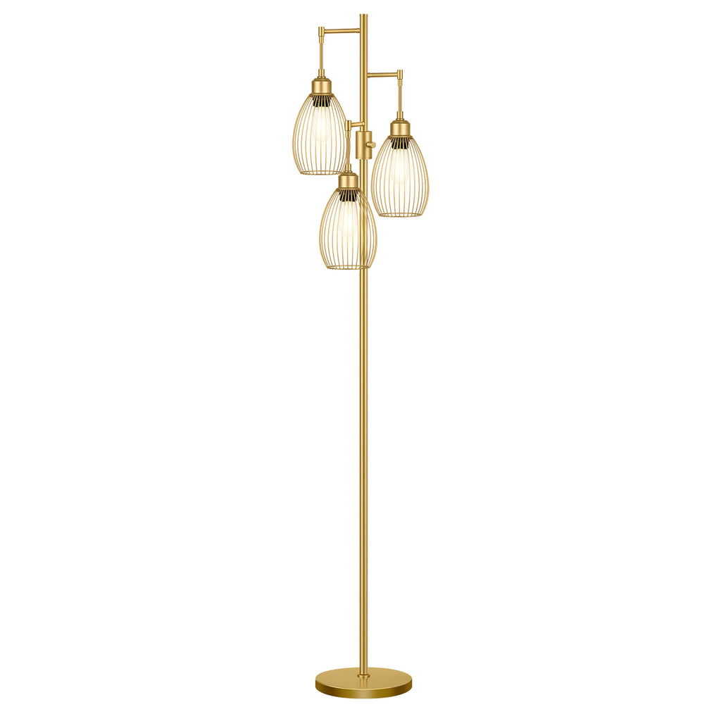 Dimmable Floor Lamp, 3 x 800LM LED Edison Bulbs Included, Farmhouse Industrial Floor Lamp Standing Tree Lamp with Elegant Teardrop Cage Tall Lamps for Living Room Bedroom Office Dining Room-Brass