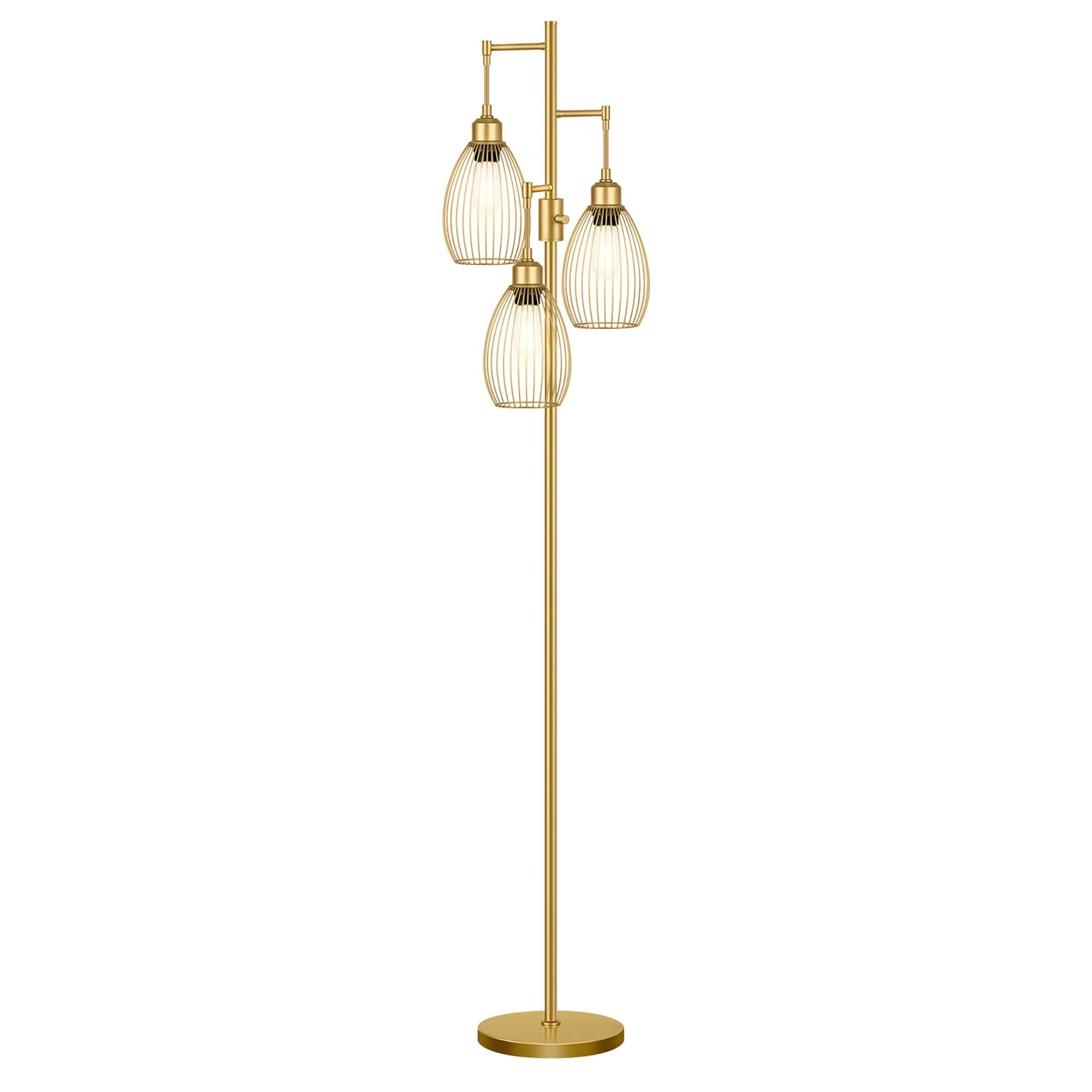 Dimmable Floor Lamp, 3 x 800LM LED Edison Bulbs Included, Farmhouse Industrial Floor Lamp Standing Tree Lamp with Elegant Teardrop Cage Tall Lamps for Living Room Bedroom Office Dining Room-Brass