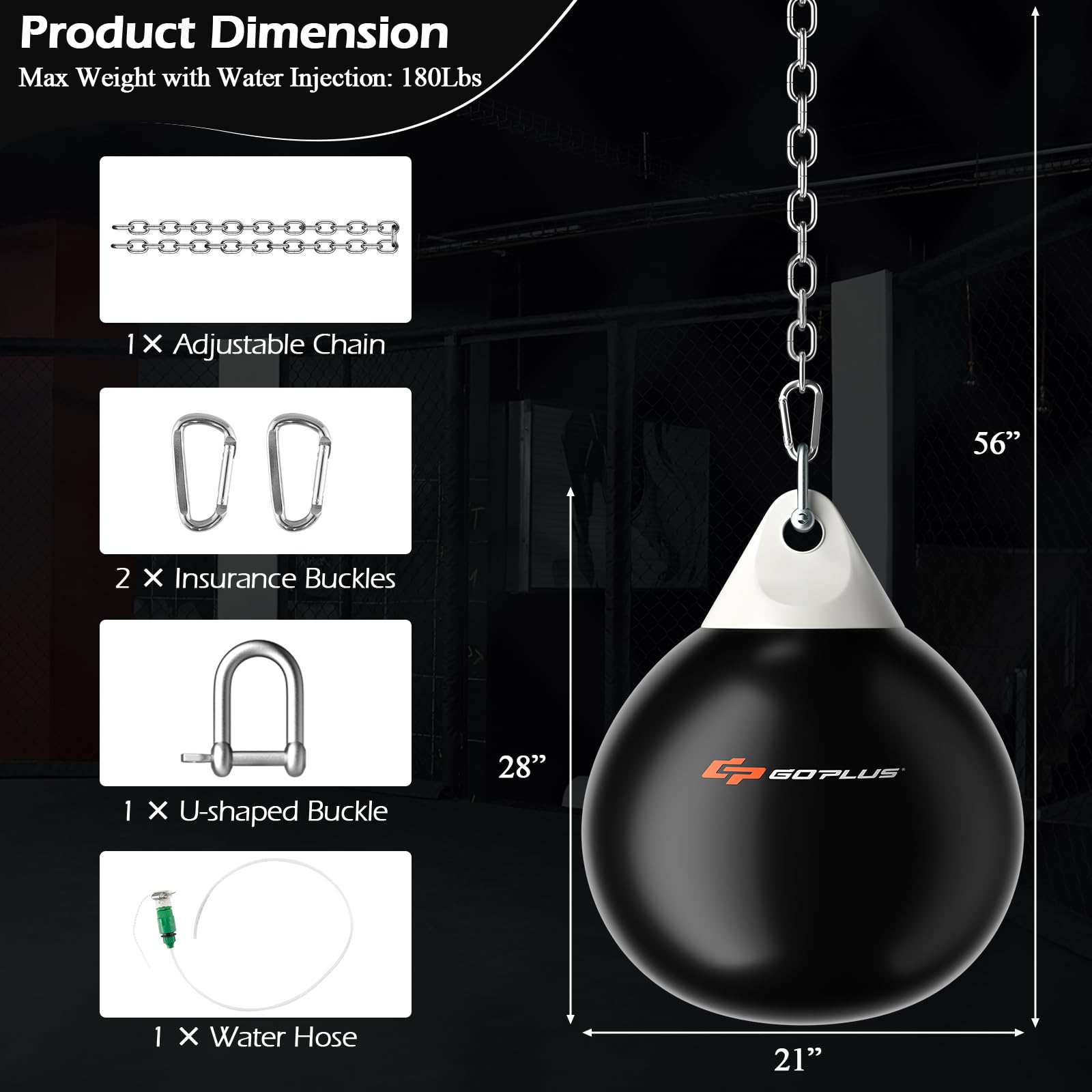 Goplus Water Aqua Bag, 21'' 180 Pound /18” 110 Pound Heavy Punching Bag with Adjustable Metal Chain, Water Injection Hose, Boxing Training Bag for Adults Fitness, MMA