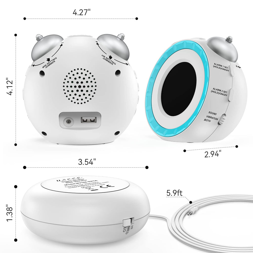 uscce Loud Dual Alarm Clock with Bed Shaker - 0-100% Dimmer, Vibrating Alarm Clock for Heavy Sleepers or Hearing Impaired, Easy to Set, USB Charging Port, Snooze, Battery Backup