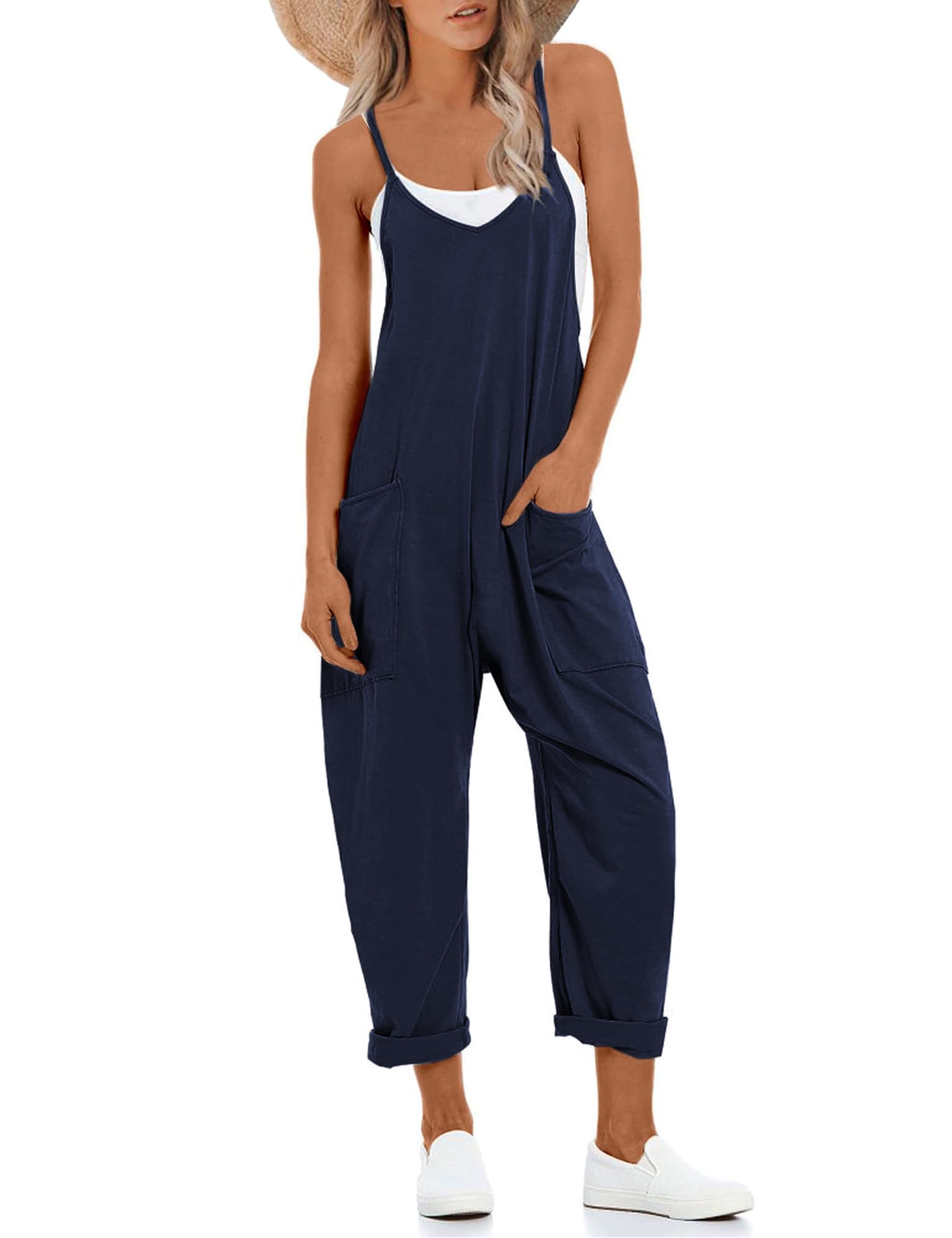 Lentta Women's Causal Jumpsuits V Neck Sleeveless Harem Overalls Stretchy Adjustable Strap Romper with Pockets