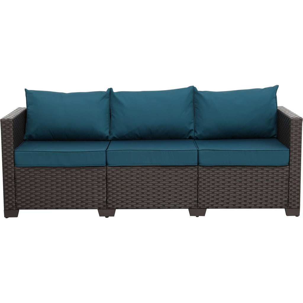 WAROOM Patio Couch PE Rattan 3-Seat Outdoor Sofa Brown Wicker Furniture Set Deep Seating with Anti-Slip Beige Cushion