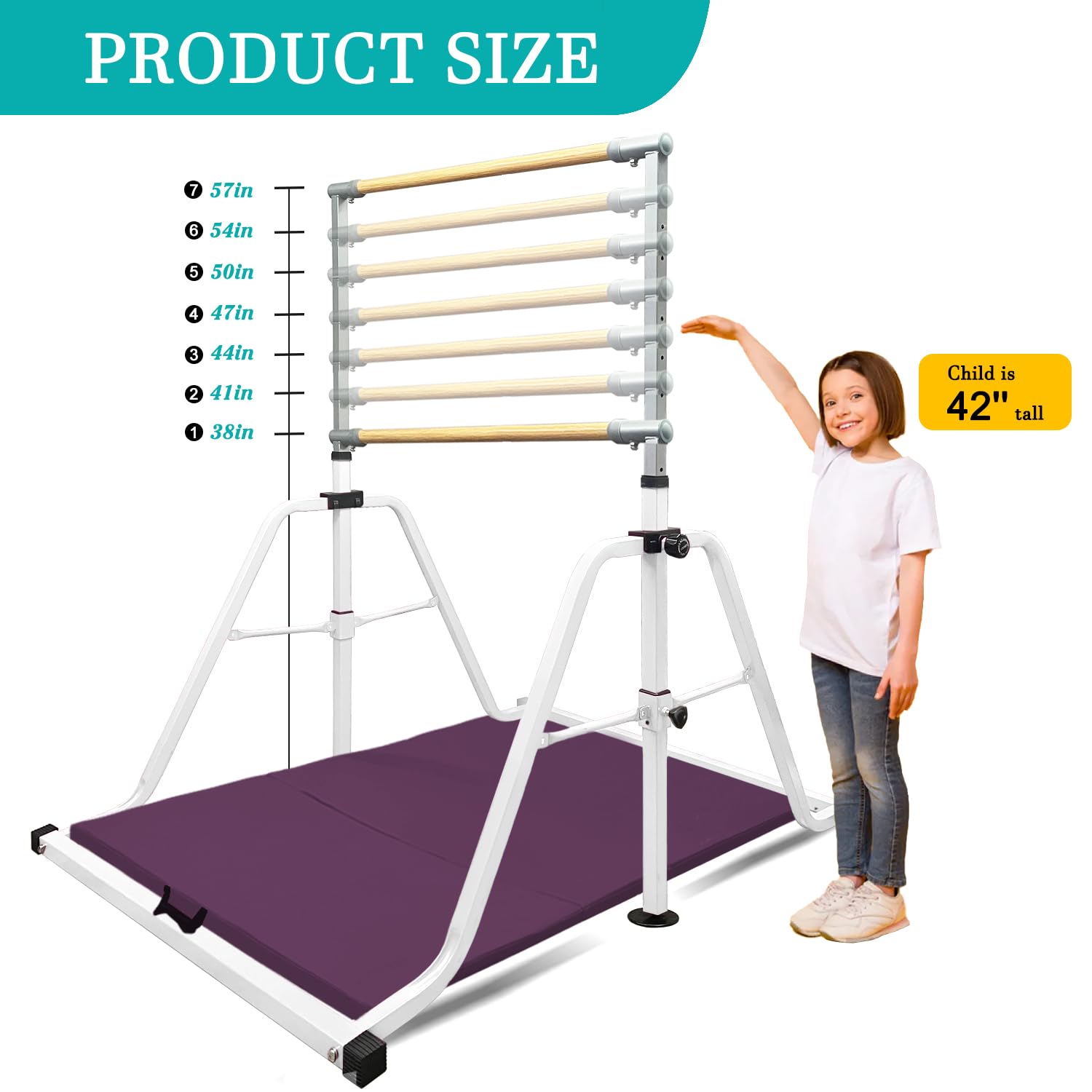 Foldable & Moveable Gymnastics Horizontal Bar with Rings,3’to 5’Adjustable Height Expandable Junior Kip Bar for Home,Indoor Gym Equipment for Kids