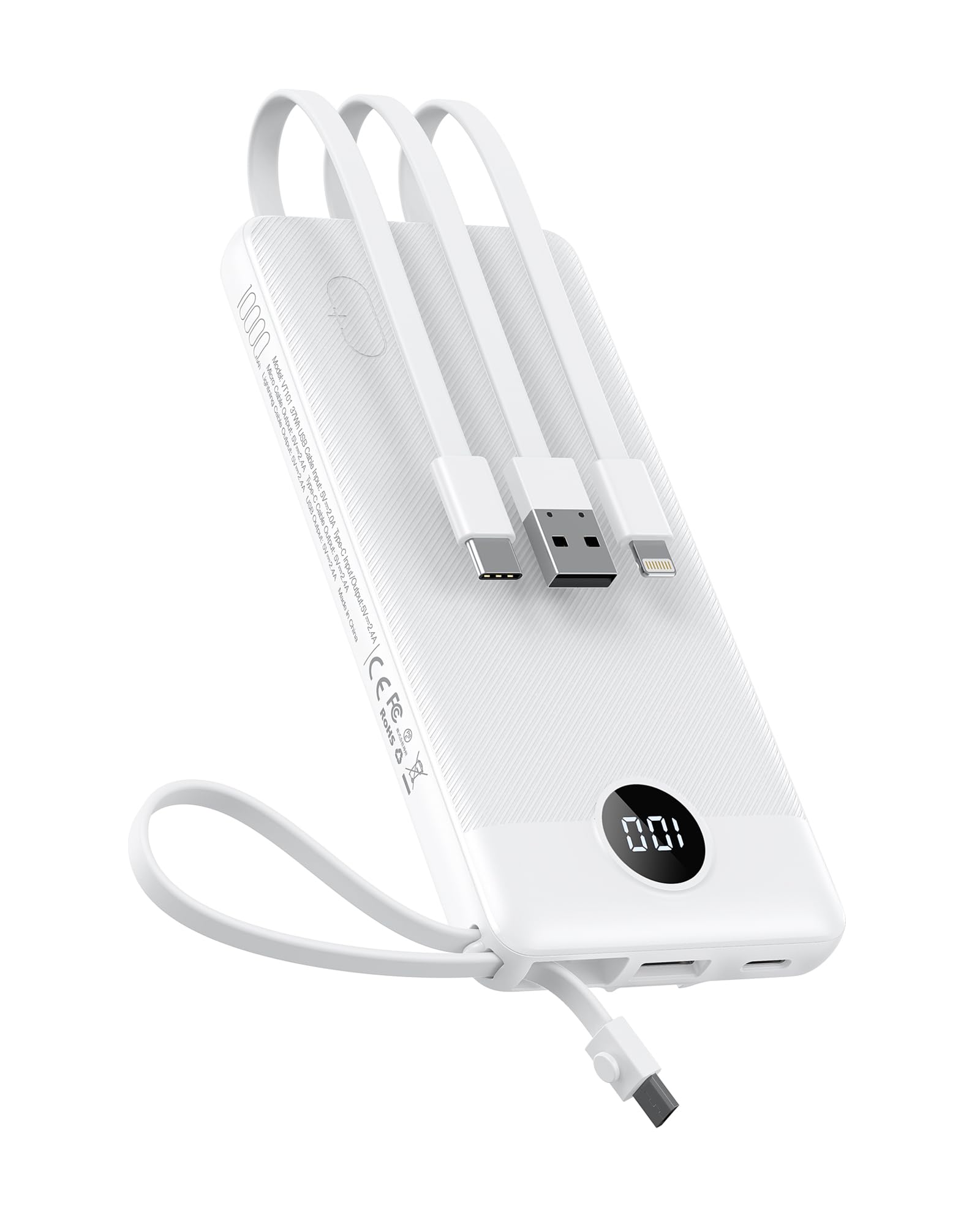 VEEKTOMX Portable Charger with 4 Built-in Cables — 10000mAh Slim Power Bank, USB-C Battery Pack with iPhone & Micro USB, TSA Approved Travel Charger for iPhone, Samsung, Android