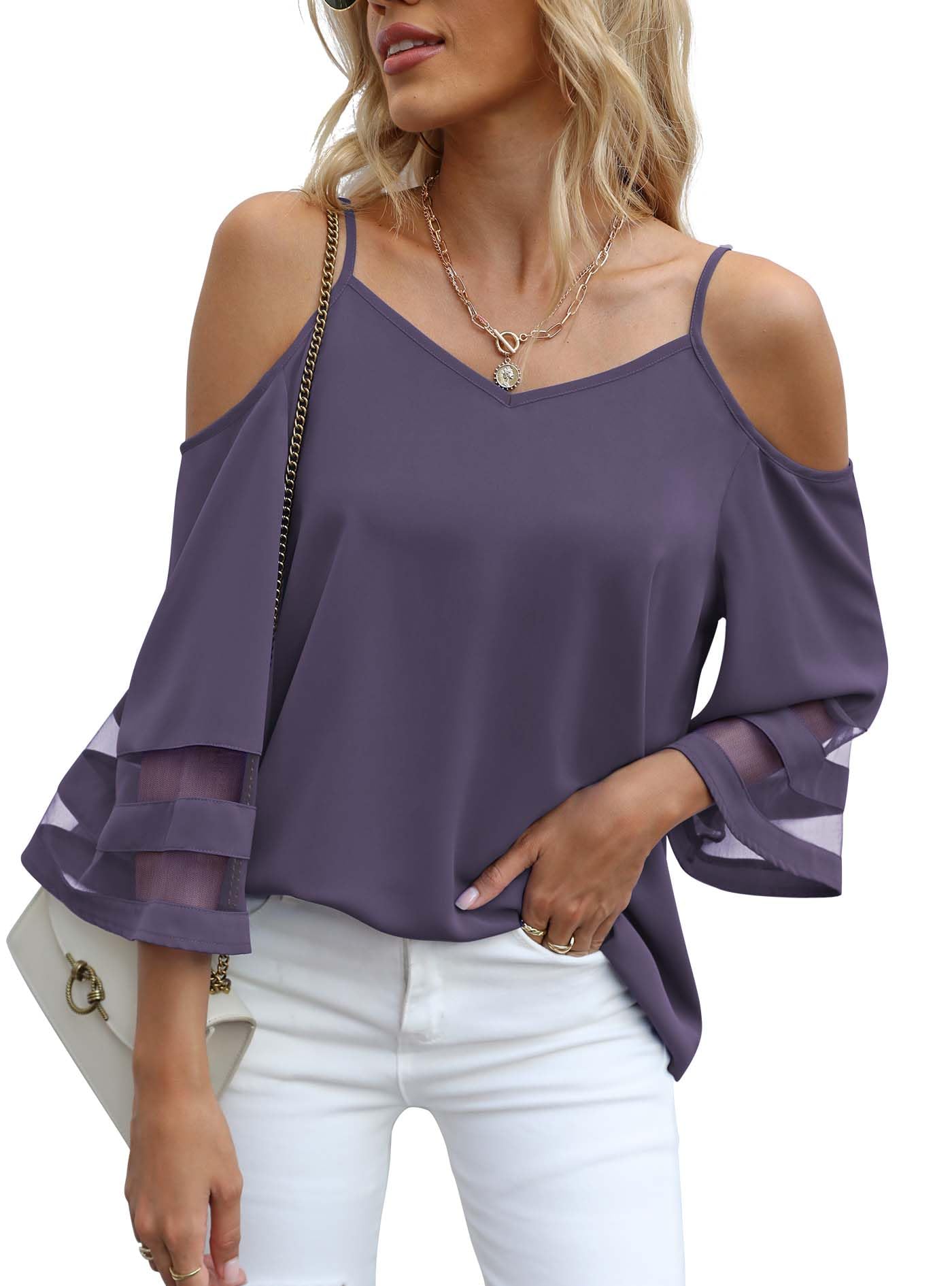 Jouica Womens Summer Cold Shoulder Tops Mesh Panel 3/4 Bell Sleeve Tees Adjustable Spaghetti Strap Loose Fit Shirts