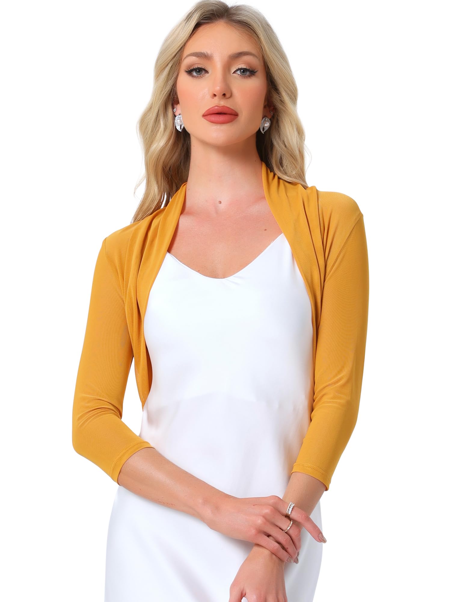 Allegra K Women's 3/4 Sleeve Sheer Mesh Shrug Open Front Cropped Bolero Cardigan