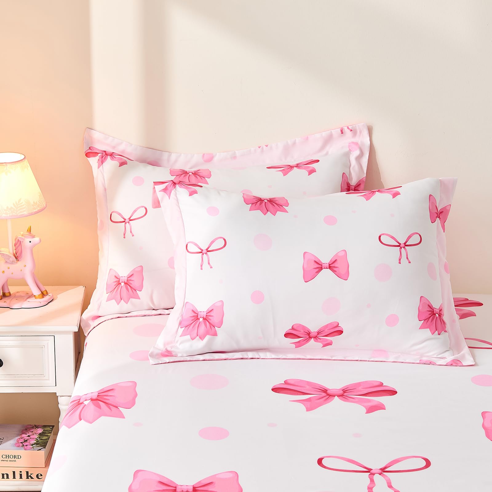 Wajade 7 Piece Blue Bow Comforter Set for Girls Kids Twin Size Bedding Set with Sheet and 2 Pillowcases 2 Pillow Shams Cute Girls Bed in a Bag as Birthday Choice