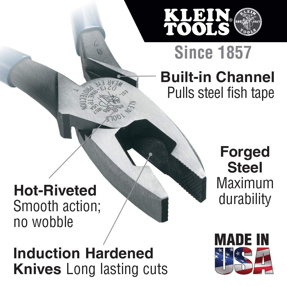 Klein Tools D213-9NETH Lineman's Bolt-Thread Holding Pliers, High-Leverage Streamline Design with Rounded Nose and Knurled Jaw, 9-Inch